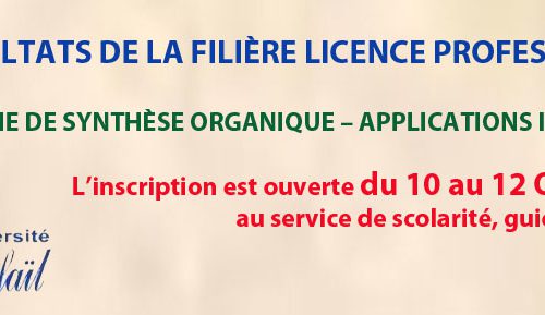 RÉSULTATS DE LA FILIÈRE LICENCE PROFESSIONNELLE « CHIMIE DE SYNTHÈSE ORGANIQUE – APPLICATIONS INDUSTRIELLES »