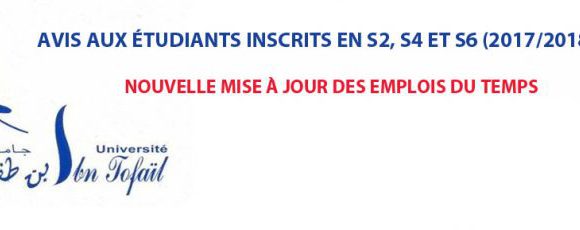 NOUVELLE MISE À JOUR DES EMPLOIS DU TEMPS S2, S4 ET S6 (2017/2018)