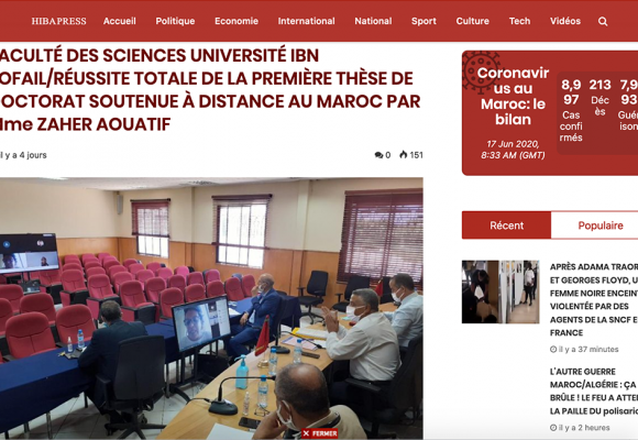 hibapress – FACULTÉ DES SCIENCES UNIVERSITÉ IBN TOFAIL/RÉUSSITE TOTALE DE LA PREMIÈRE THÈSE DE DOCTORAT SOUTENUE À DISTANCE AU MAROC PAR Mme ZAHER AOUATIF