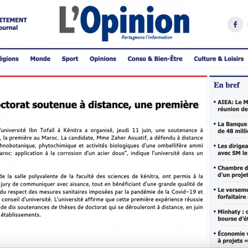 L’Opinion – Une thèse de doctorat soutenue à distance, une première au Maroc