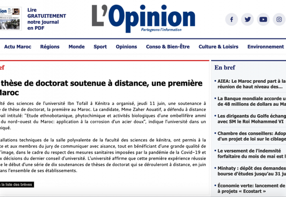 L’Opinion – Une thèse de doctorat soutenue à distance, une première au Maroc