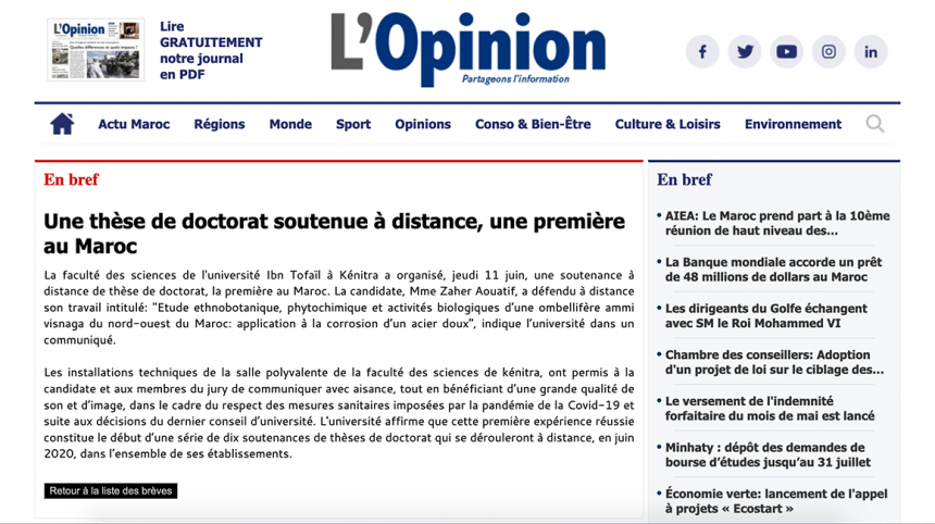L’Opinion – Une thèse de doctorat soutenue à distance, une première au Maroc