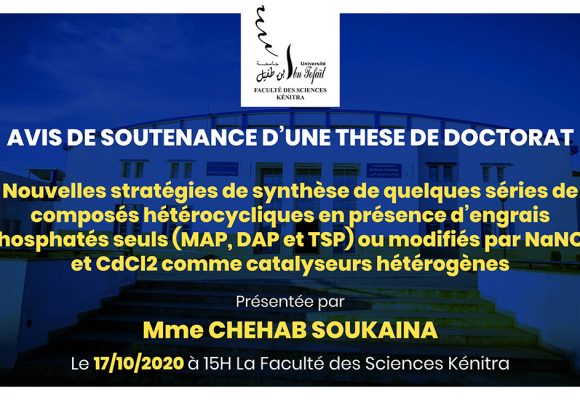Avis de soutenance d’une thèse de doctorat (Mme CHEHAB SOUKAINA)