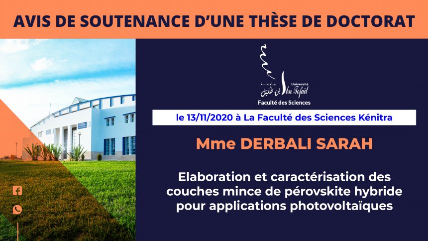 Avis de soutenance d’une thèse de doctorat (Mme DERBALI SARAH)