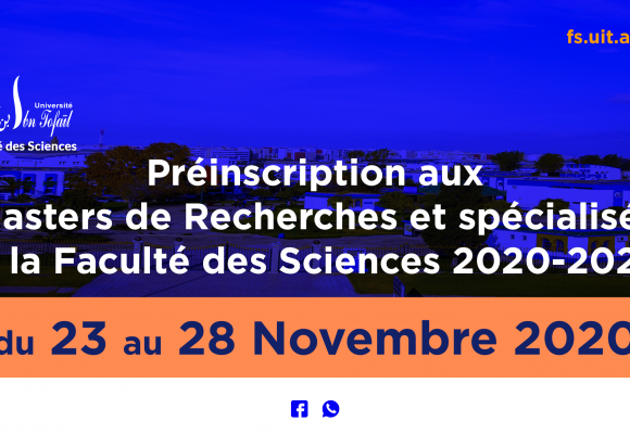 Préinscription aux Masters de Recherches et spécialisés à la Faculté des Sciences 2020-2021