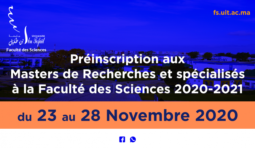 Préinscription aux Masters de Recherches et spécialisés à la Faculté des Sciences 2020-2021