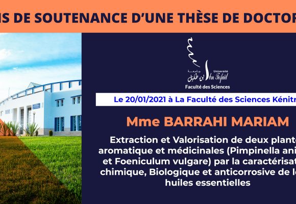 Avis de soutenance d’une thèse de doctorat (Mme BARRAHI MARIAM)
