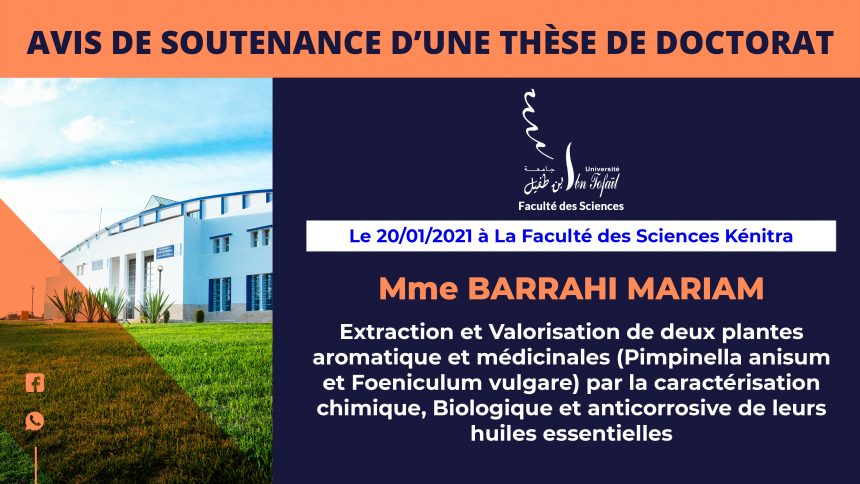 Avis de soutenance d’une thèse de doctorat (Mme BARRAHI MARIAM)