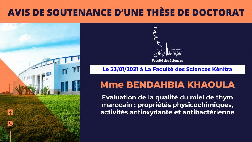 Avis de soutenance d’une thèse de doctorat (Mme BENDAHBIA KHAOULA)