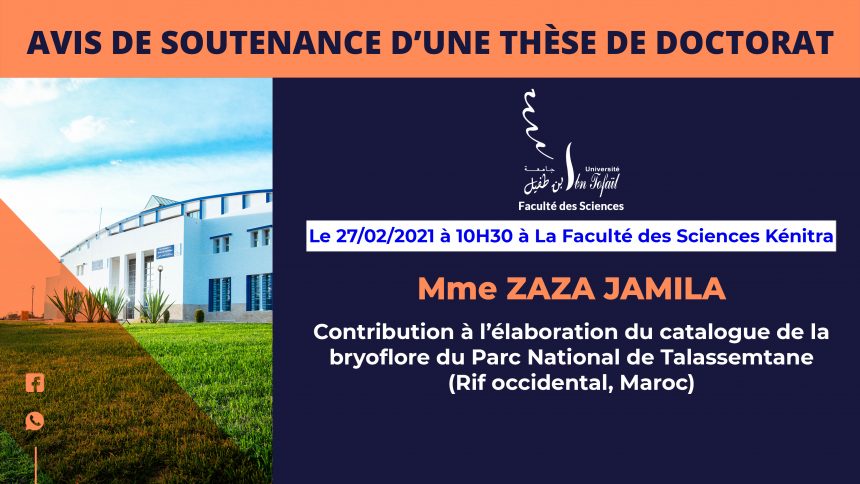 Avis de soutenance d’une thèse de doctorat (Mme ZAZA JAMILA)