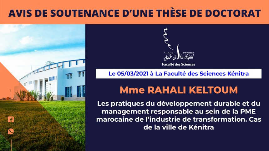 Avis de soutenance d’une thèse de doctorat (Mme RAHALI KELTOUM)