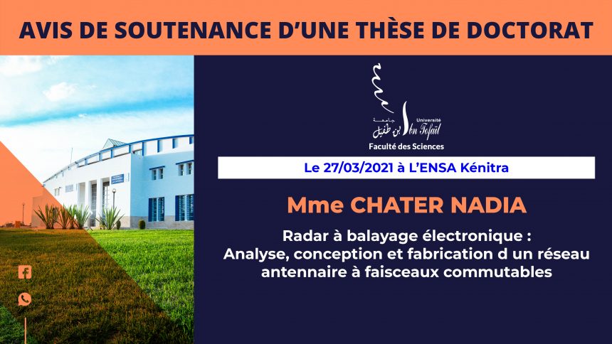 Avis de soutenance d’une thèse de doctorat (Mme CHATER NADIA)