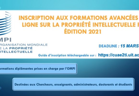 Inscription aux formations avancées en ligne sur la propriété intellectuelle PI, édition 2021