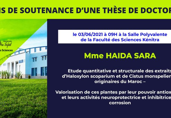 Avis de soutenance d’une thèse de doctorat (Mme HAIDA SARA)
