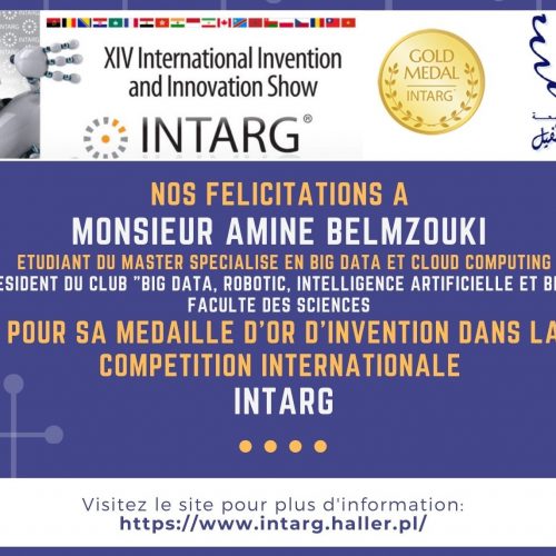 Affiche de félicitation pour l’étudiant Belmzoukia du Big Data et Cloud Computing et qui a eu la médaille d’or d’invention