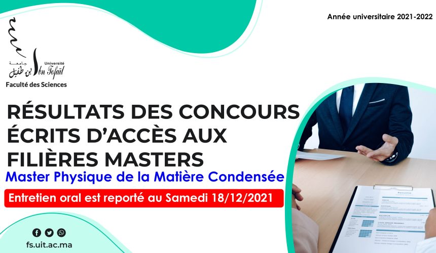 Liste des candidats sélectionnés pour passer l’Entretien oral du Master Physique de la Matière Condensée