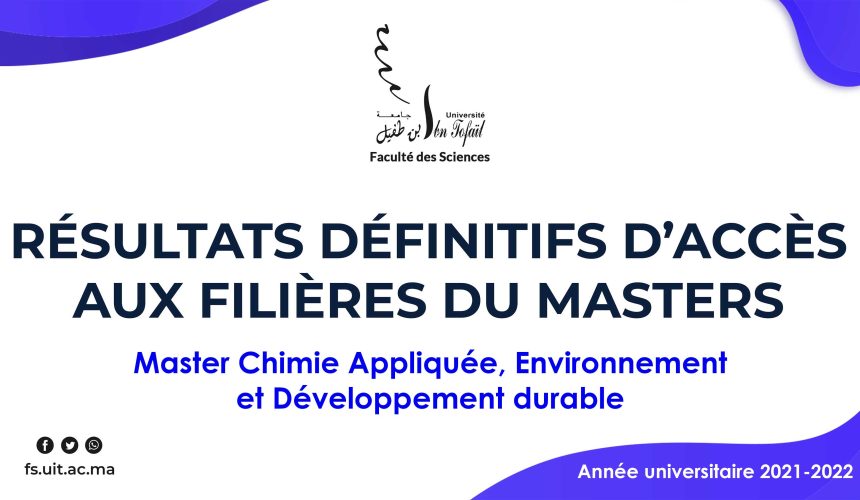 Résultats définitifs d’accès au Master Chimie Appliquée, Environnement et Développement durable