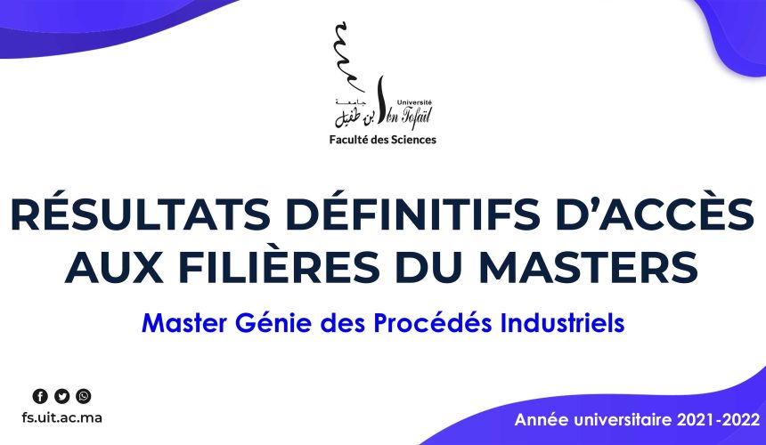 Résultats définitifs d’accès au Master Génie des Procédés Industriels