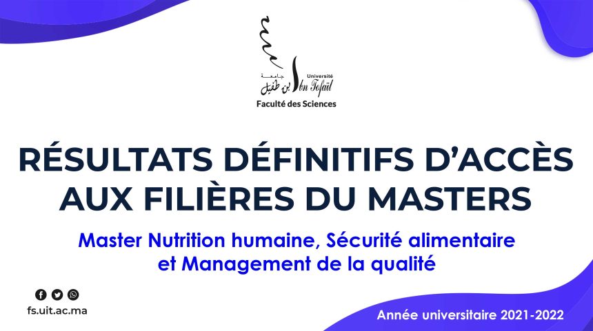 Résultats définitifs d’accès au Master Nutrition humaine, Sécurité alimentaire et Management de la qualité