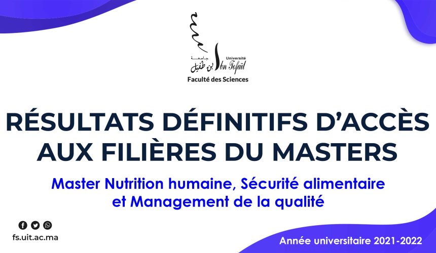 Résultats définitifs d’accès au Master Nutrition humaine, Sécurité alimentaire et Management de la qualité