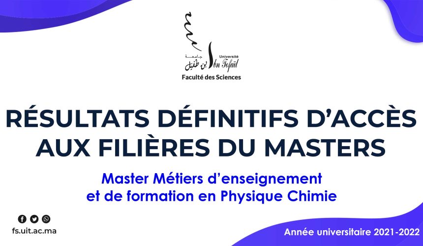 Résultats définitifs d’accès au Master Métiers d’enseignement et de formation en Physique Chimie