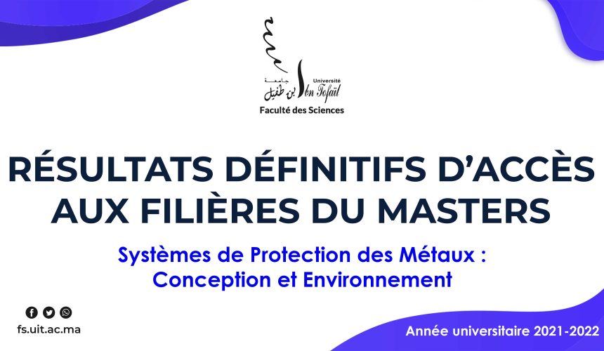 Résultats définitifs d’accès au Master Systèmes de Protection des Métaux: Conception et Environnement