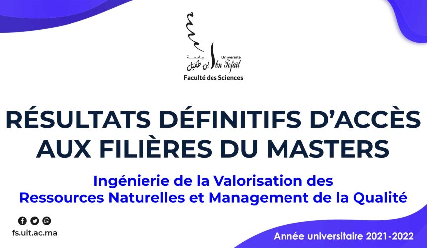 Résultats définitifs d’accès au Master Ingénierie de la Valorisation des Ressources Naturelles et Management de la Qualité