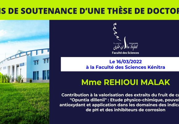 Avis de soutenance d’une thèse de doctorat (Mme REHIOUI MALAK)