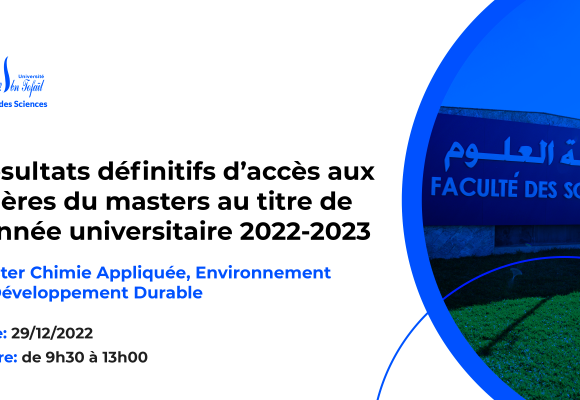 Résultats définitifs du concours d’accès au Master : Chimie Appliquée, Environnement et Développement Durable
