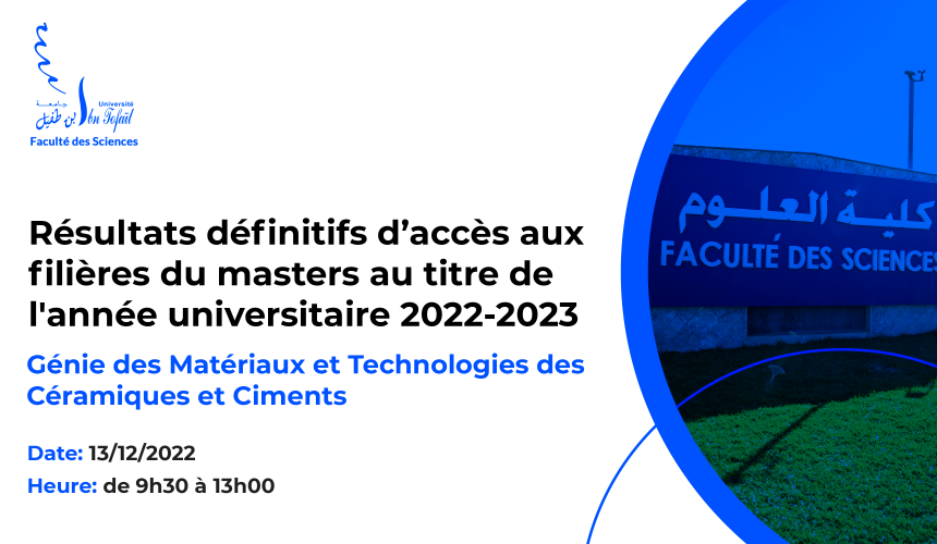 Résultats définitifs du concours d’accès au Master : Génie des Matériaux et Technologies des Céramiques et Ciments