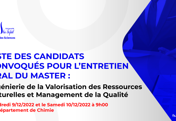 Liste des candidats sélectionnés pour passer l’entretien oral du Master : Ingénierie de la Valorisation des Ressources Naturelles et Management de la Qualité