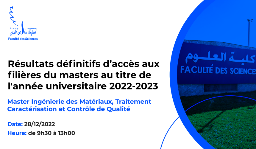 Résultats définitifs du concours d’accès au Master : Ingénierie des Matériaux, Traitement Caractérisation et Contrôle de Qualité