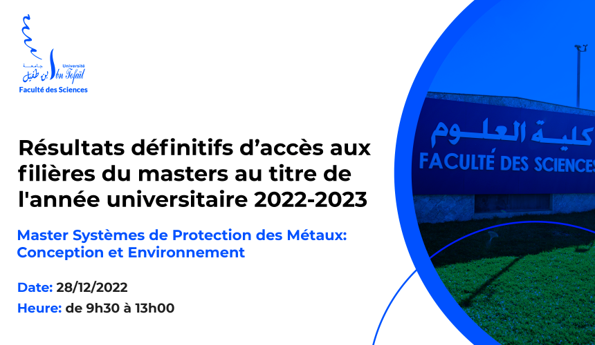 Résultats définitifs du concours d’accès au Master : Systèmes de Protection des Métaux: Conception et Environnement