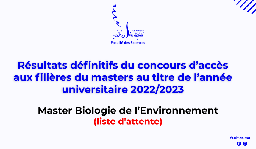 Résultats définitifs d’accès au Master Biologie de l’Environnement (liste d’attente)