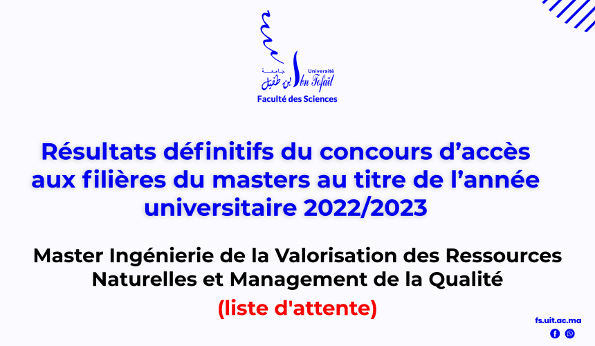 Résultats définitifs d’accès au Master Ingénierie de la Valorisation des Ressources Naturelles et Management de la Qualité (liste d’attente)