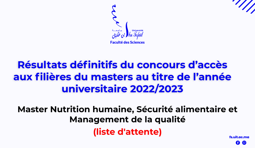 Résultats définitifs d’accès au Master Nutrition humaine, Sécurité alimentaire et Management de la qualité (liste d’attente)