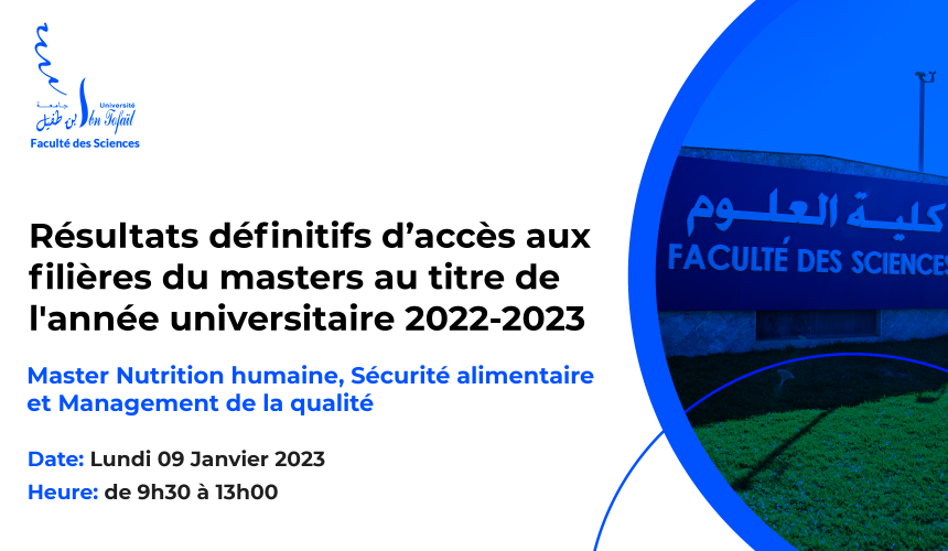 Résultats définitifs du concours d’accès au Master : Nutrition humaine, Sécurité alimentaire et Management de la qualité
