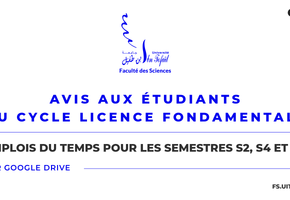 Emplois du temps pour les semestres S2, S4 et S6 – Cycle Licence Fondamentale