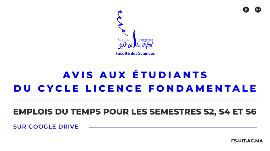 Emplois du temps pour les semestres S2, S4 et S6 – Cycle Licence Fondamentale