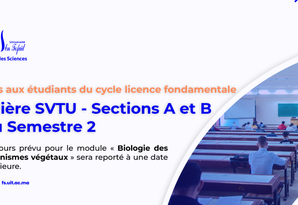 Avis aux étudiants inscrits en filière SVTU pour les Sections A et B du Semestre 2