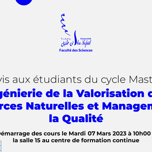 Démarrage des cours du Master Ingénierie de la Valorisation des Ressources Naturelles et Management de la Qualité