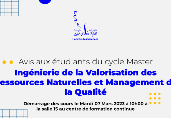 Démarrage des cours du Master Ingénierie de la Valorisation des Ressources Naturelles et Management de la Qualité