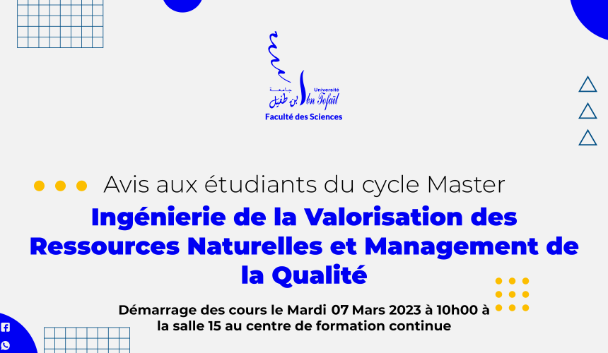 Démarrage des cours du Master Ingénierie de la Valorisation des Ressources Naturelles et Management de la Qualité