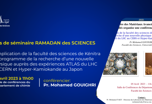 Avis de séminaire RAMADAN des SCIENCES : L’implication de la faculté des sciences de Kénitra au programme de la recherche d’une nouvelle physique auprès des expériences ATLAS du LHC au CERN et Hyper-Kamiokande au Japon