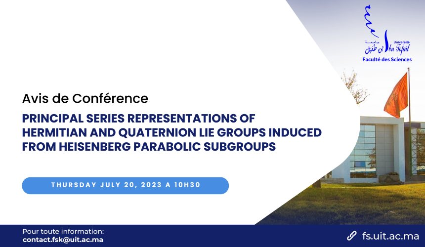 Avis de Conférence : principal series representations of hermitian and quaternion lie groups induced from Heisenberg parabolic subgroups