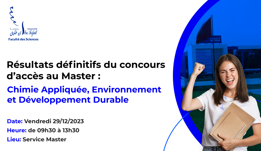 Résultats définitifs du concours d’accès au Master Chimie Appliquée, Environnement et Développement Durable