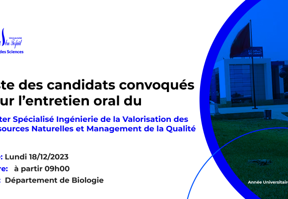 Liste des candidats convoqués pour l’entretien oral du Master Spécialisé Ingénierie de la Valorisation des Ressources Naturelles et Management de la Qualité