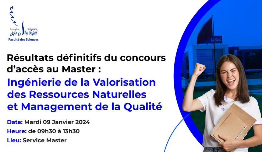 Résultats définitifs du concours d’accès au Master Ingénierie de la Valorisation des Ressources Naturelles et Management de la Qualité