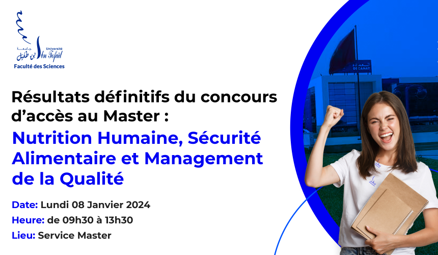 Résultats définitifs du concours d’accès au Master Nutrition Humaine, Sécurité Alimentaire et Management de la Qualité