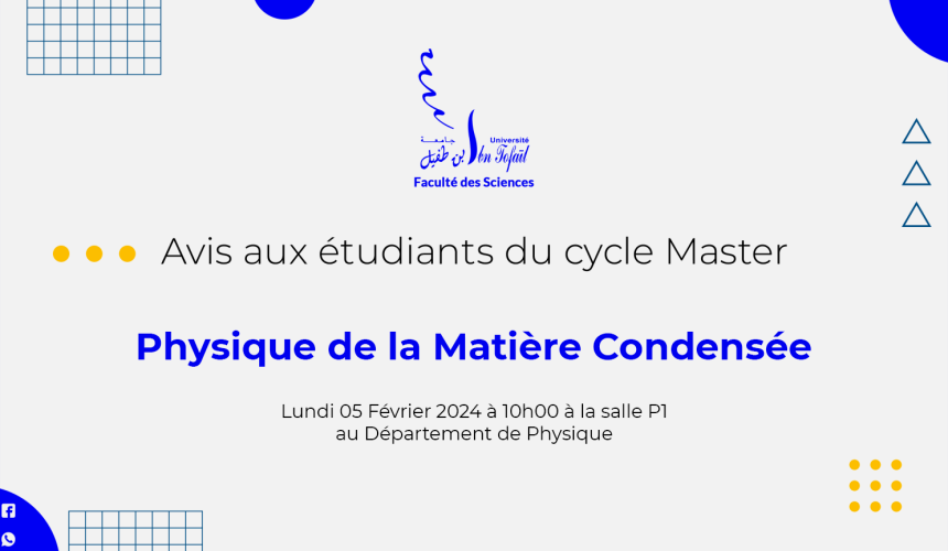 Démarrage des cours du Master Physique de la Matière Condensée